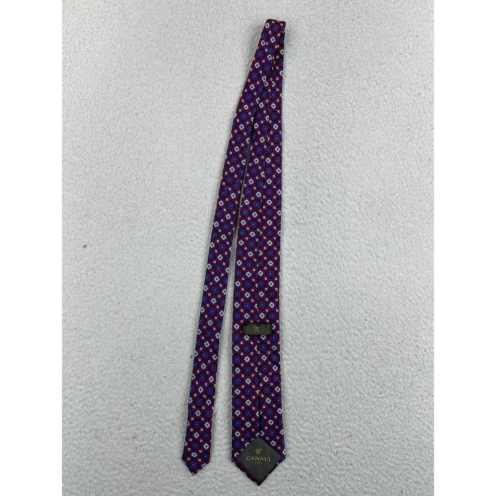 Canali Mens Silk Tie Red Blue Geometric Medallion Made In Italy Classic Pointed